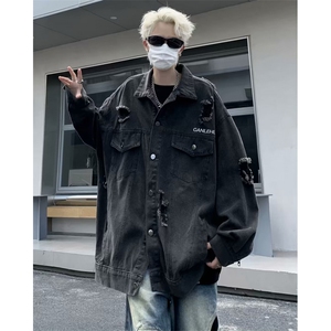 炸街破洞牛仔夹克男春秋季美式复古宽松上衣潮牌做旧痞帅工装外套图片