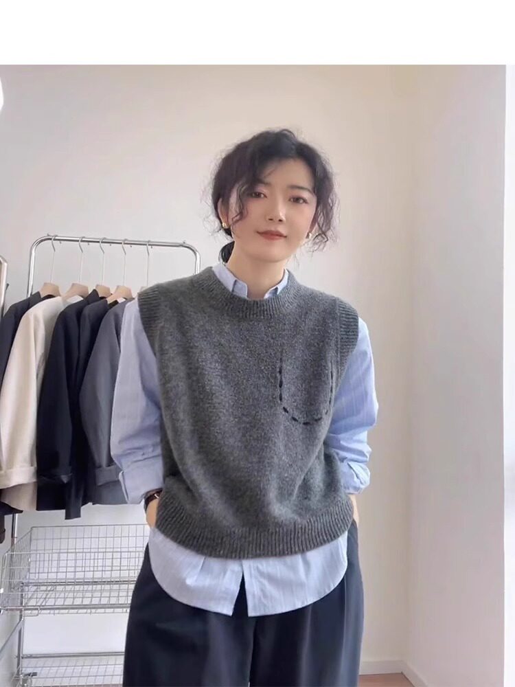 设计感小众圆领打底衫女宽松套头针织背心,针织衫/毛衣,解氏羊绒