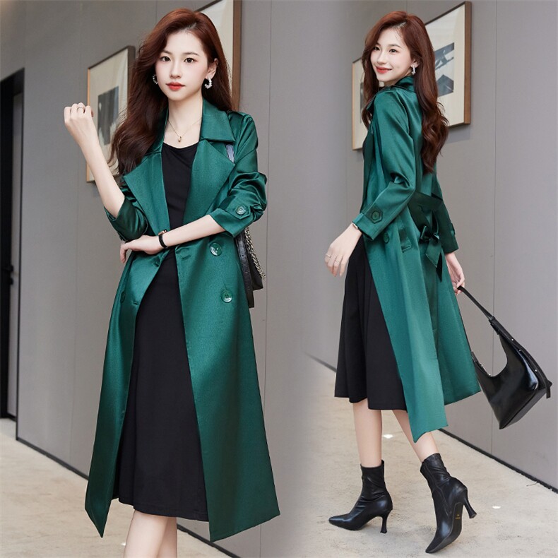 仿醋酸缎面风衣中长款过膝2025春秋新款高端精致英伦气质显瘦外套，女装风衣，时尚俏佳人