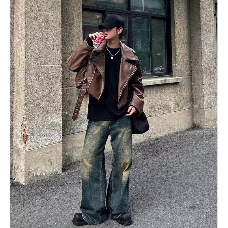 棕色短款皮衣外套男款美拉德穿搭高级感美式复古cleanfit机车夹克,男装夹克,星座1008
