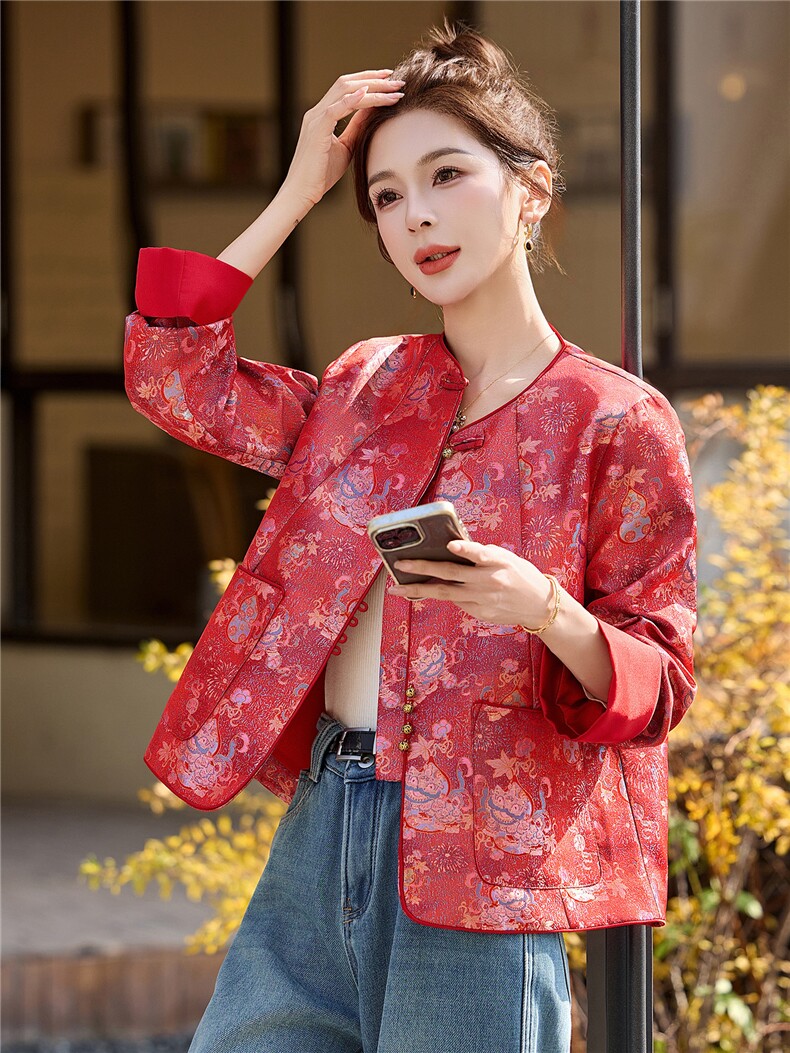 现货麒麟葫芦招财提花新中式巨好看百搭春秋短款女通勤聚会外套,女装短外套,木橙西子