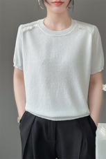 英式鎏金纱天丝蕾丝高级感女短袖气质亲肤T恤2025新款宽松上衣衫，女装T恤，暖姿羊绒