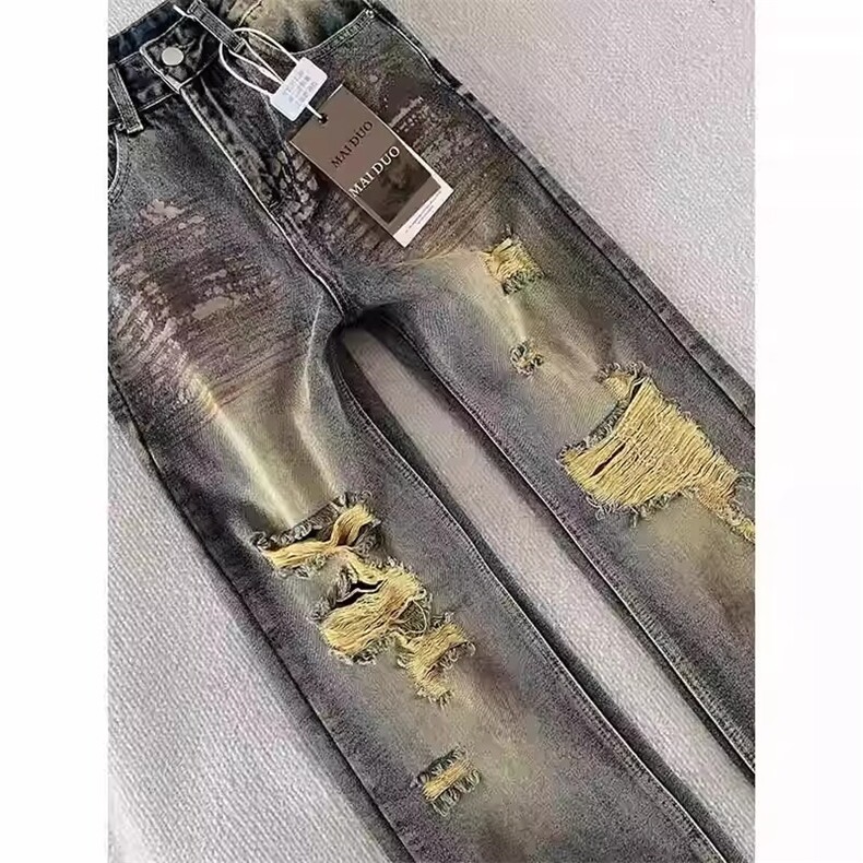 AK1869-P60潮酷高街复古做旧痞帅炸街水洗脏染破洞牛仔裤,女装休闲裤,星座617A-2