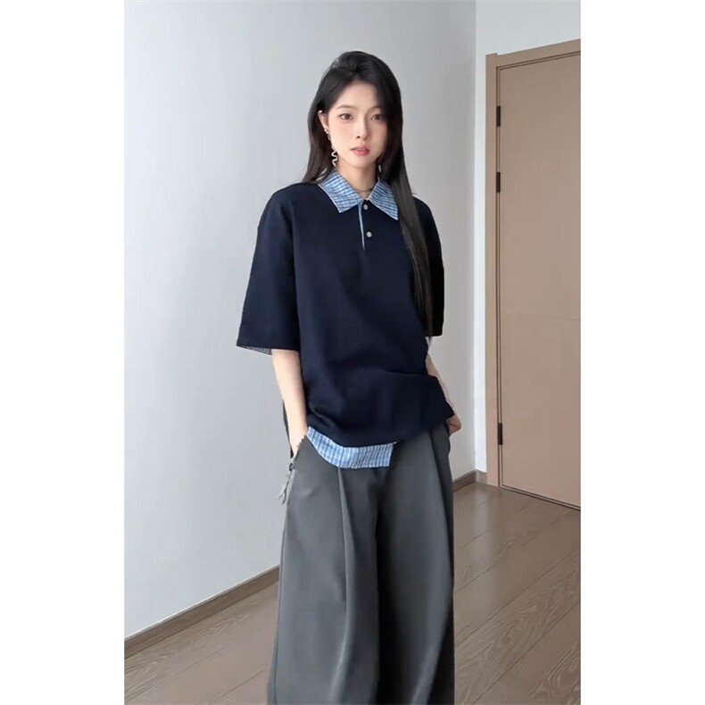 藏青色假两件短袖男女夏季潮牌衬衫拼接t恤重磅美式学院风polo衫图片