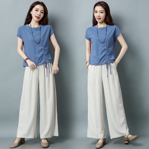 棉麻套装女夏装2025夏季高端刺绣亚麻两件套复古妈妈民族风女装，女装套装/套裙，阿丹