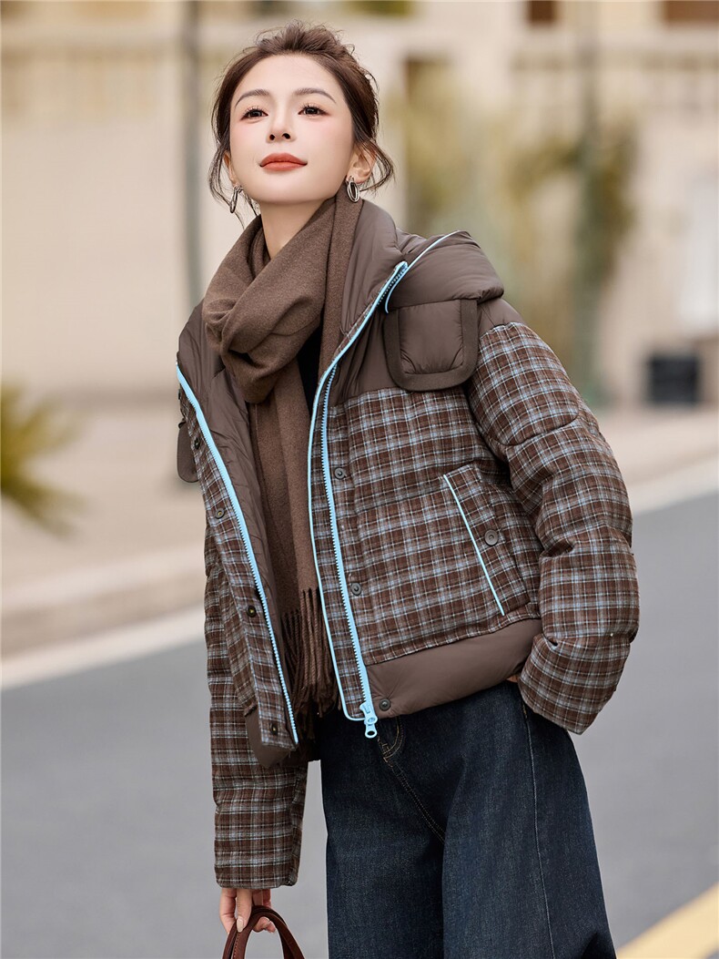 格子连帽羽绒服女小个子冬装2025新款高端时尚百搭保暖白鸭绒外套,女装羽绒服,浙宝029