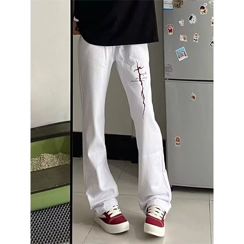 W10258-P43网图现货白色弯刀弹力微喇牛仔裤美式刺绣直筒喇叭裤，男装牛仔裤，星座1608