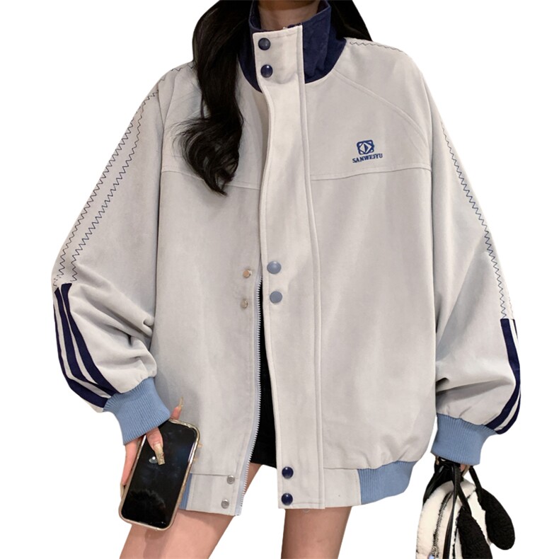 美式2024独特宽松拼接设计感粉色外套女春秋款立领夹克C830-P98,男装夹克,星座911-2(原星座613-2）