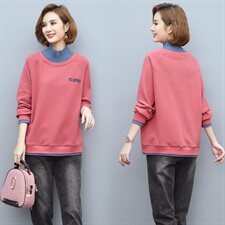 2021冬季新款绣花高领加绒卫衣假两件拼接撞色卫衣，女装卫衣/绒衫，独衣靓