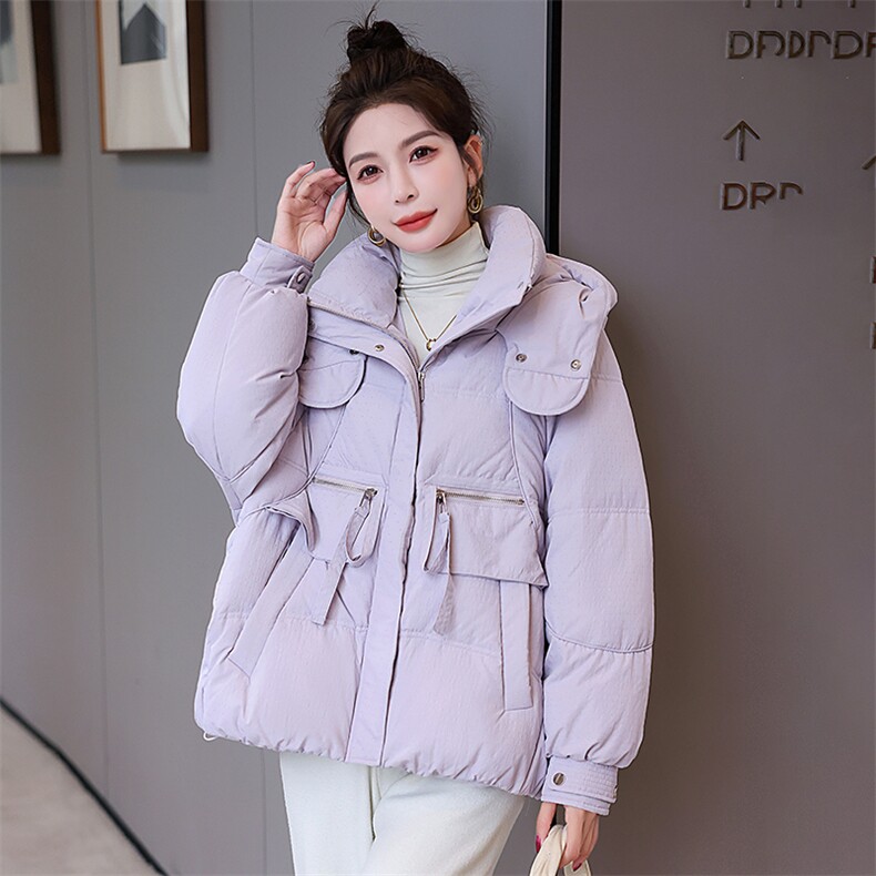 2023新款现货90白鸭绒羽绒服女连帽新款面包服时尚宽松保暖外套,女装羽绒服,卡杰菲