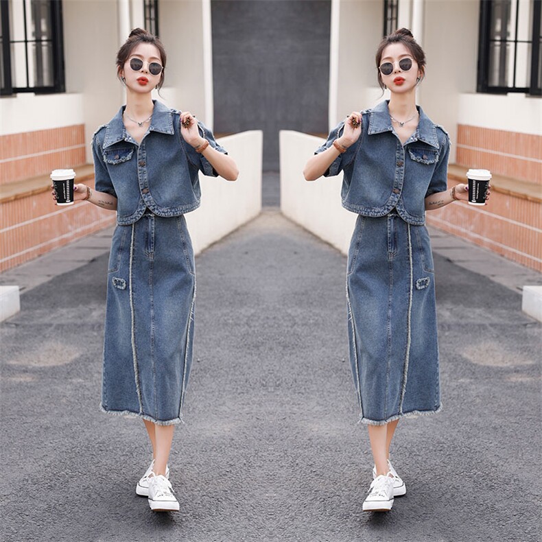 时尚牛仔套装女夏季新款显瘦气质两件套裙子小香风外套连衣裙,女装套装/套裙,秋水欣儿