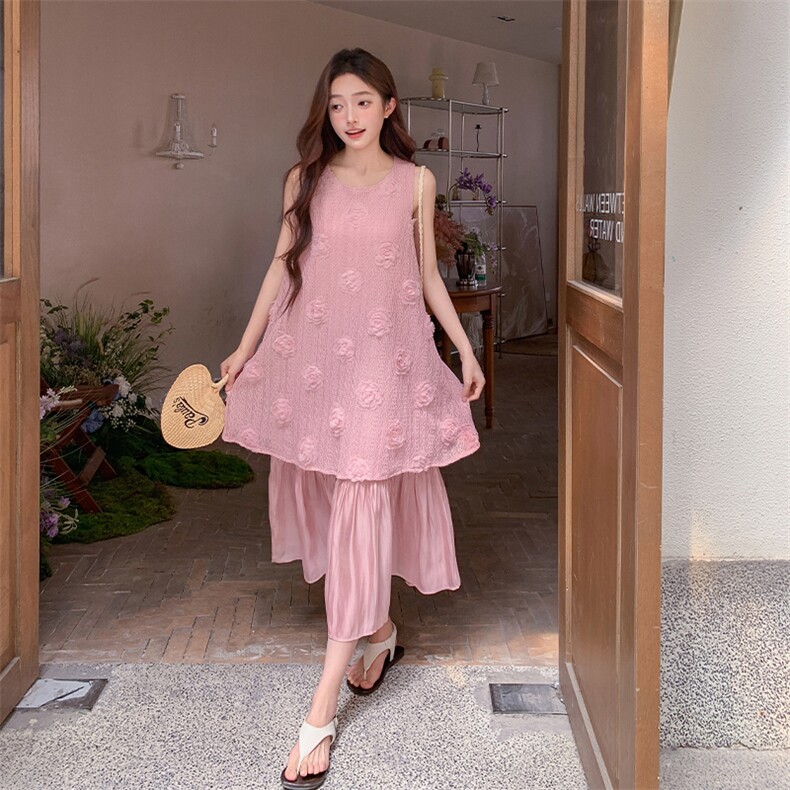 2025夏季新款甜美立体花朵假两件宽松背心连衣裙海边度假风长裙女图片