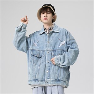 2021秋季新港风无影墙日系大码男仙鹤刺绣牛仔夹克外套NJ125-P70图片