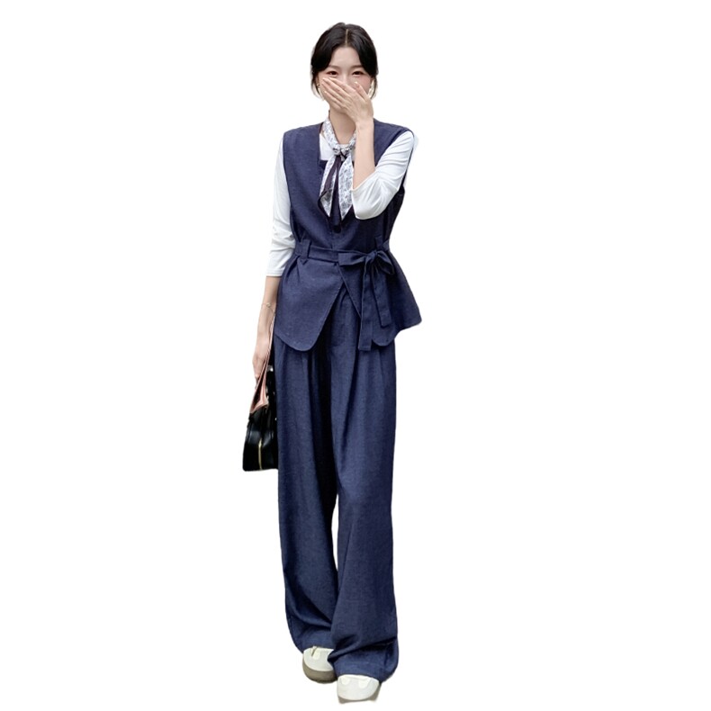 通勤风减龄马甲套装女2025秋季新款韩系休闲阔腿裤打底衫三件套潮,女装套装/套裙,2C290