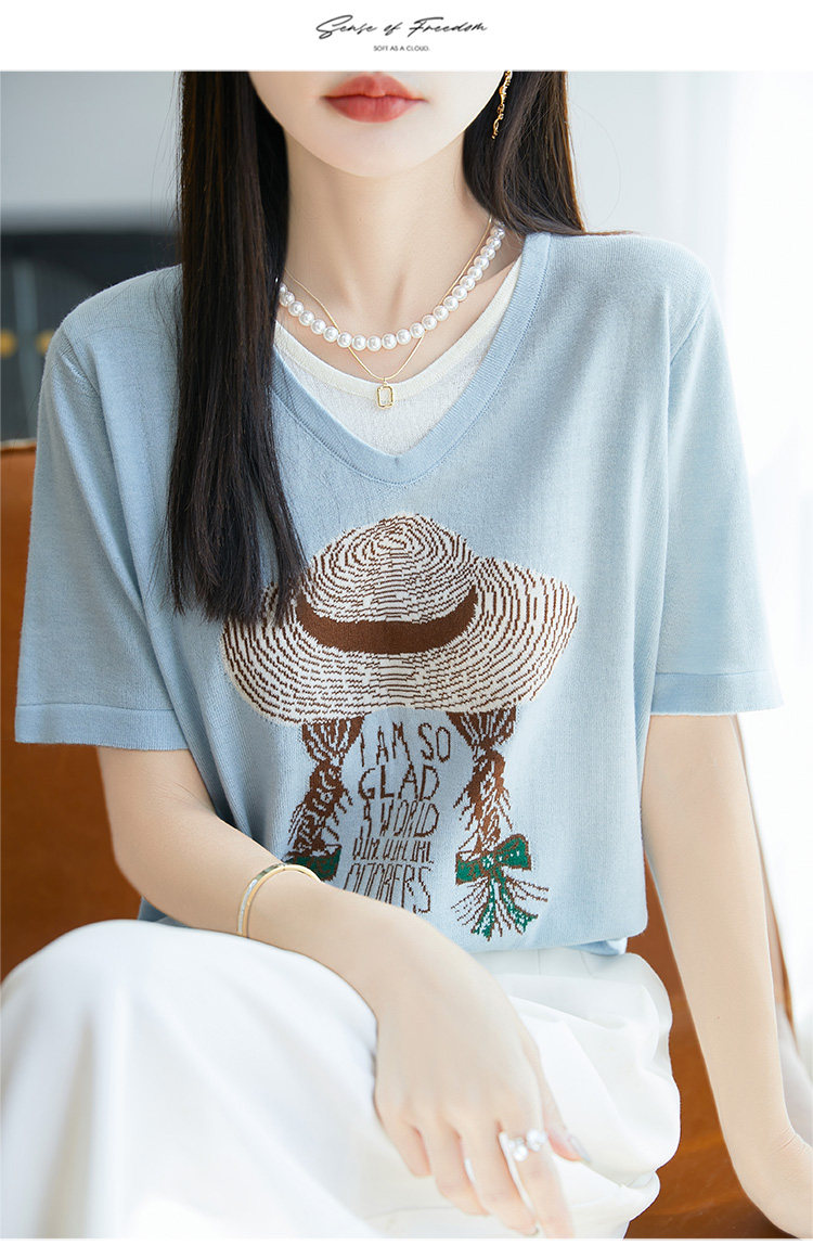 2025年夏季其他假两件短袖防织短袖时尚印花小衫,女装T恤,暖圣羊羊绒