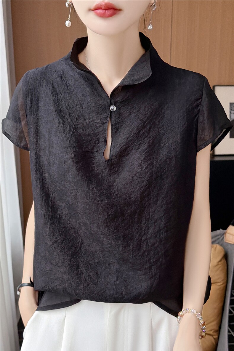 人丝纱短袖立领小衫百搭女宽松型,女装衬衫,圣丽羊绒