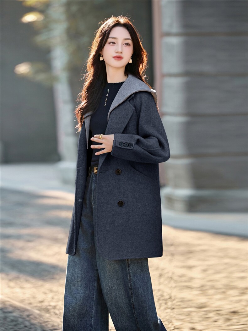 现货新款双面羊毛呢连帽（帽子可脱卸））毛呢外套女,女装双面呢大衣,丝露怡语
