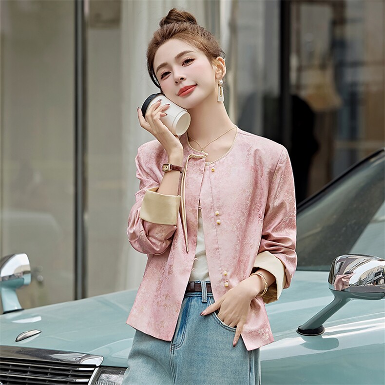粉色提花新中式国风外套女2025新款改良流苏盘扣开春超火唐装上衣,女装套装/套裙,天丽