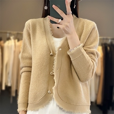 秋冬开衫毛衣女V领花边纯色短款外套宽松显瘦加厚羊毛长袖针织衫，女装针织衫/毛衣，佳绒包芯纱店