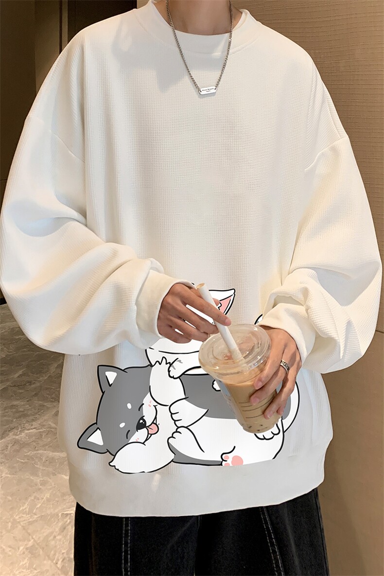 华夫格卫衣圆领卫衣男大码长袖t恤男外套HW76300-P30加绒款-P40,男装卫衣,电商A040
