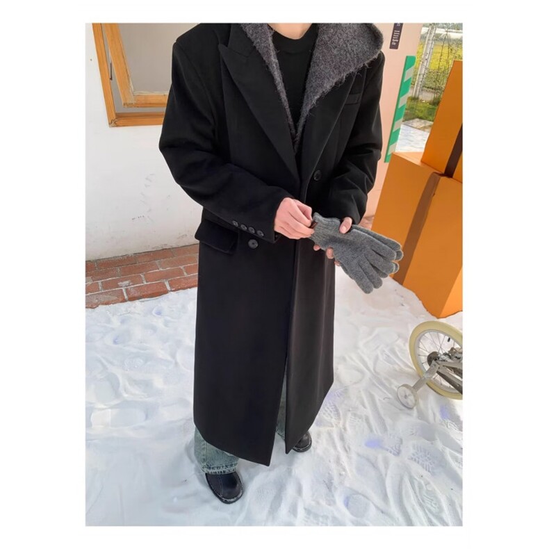网络图现货韩版简约高级感垫肩毛呢夹棉内里长款风衣J1187-P128,男装风衣,星座715-7