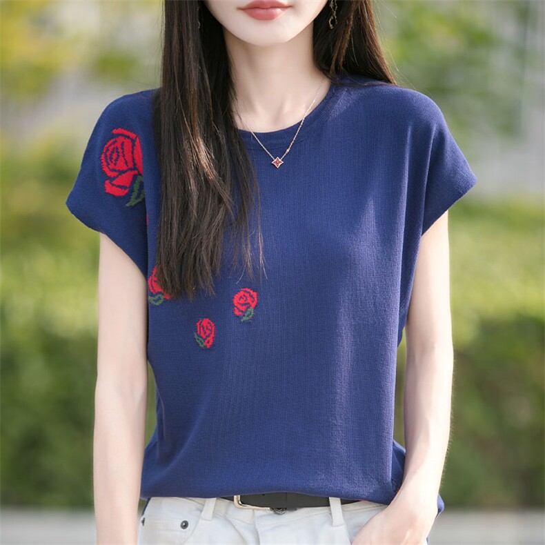 2025夏季新款圆领玫瑰提花短袖女莱塞尔天丝宽松洋气百搭薄款针织,针织衫/毛衣,萱芳婷羊绒