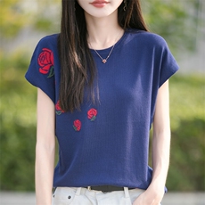 2025夏季新款圆领玫瑰提花短袖女莱塞尔天丝宽松洋气百搭薄款针织，女装针织衫/毛衣，萱芳婷羊绒