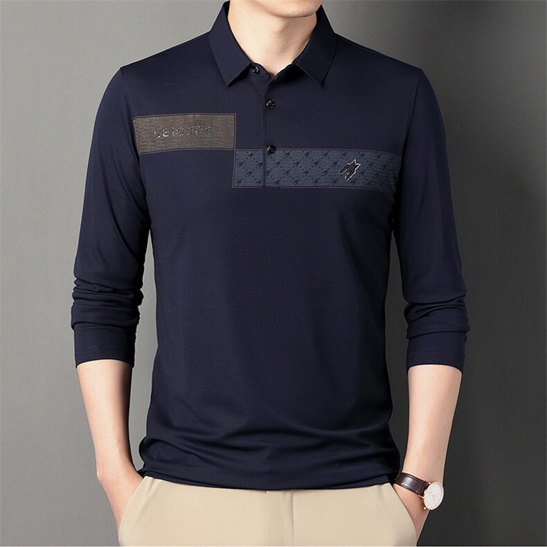 秋季2023新款翻领纯色polo衫男士免烫长袖t恤商务休闲上衣服男装,男装T恤,电商B212（原钱塘6029）