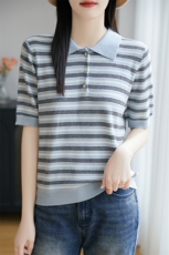 新品时尚潮流polo领通勤条纹短袖T恤韩版薄款圆领休闲针织衫，女装T恤，菲奥羊绒