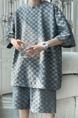 TZ84647/P60夏季新款格子提花短袖短裤t恤休闲大码两件套套装男，男装休闲套装，电商A141