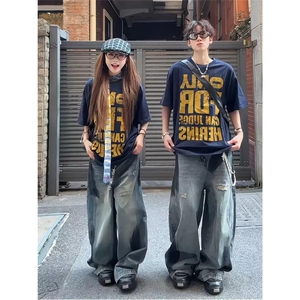 网图有货 美式泼墨破洞牛仔裤男女拼接结构喷绘宽松长裤 A620-P45图片