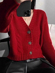 慵懒风V领女士开衫春秋新款洋气显瘦毛衣外套软糯针织上衣图片