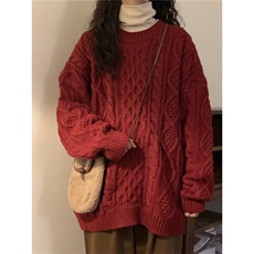 1506-1/M1491鹿毛绒/P52宽松复古麻花本命过新年圣诞酒红色毛衣女，男装针织衫/毛衣，星座1506-1