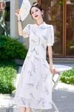 马面裙套装女2025夏新款新中式国风高级感气质印花短袖上衣两件套，女装套装/套裙，姿衣坊