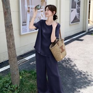木耳边拼接短袖T恤套装女夏新款时尚慵懒风高腰阔腿裤穿搭两件套图片