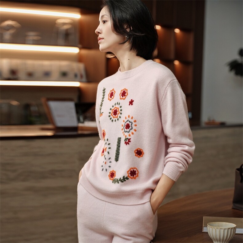 油画风绣花~100纯山羊绒衫宽松加厚女毛衣2025秋冬新圆领针织上衣,女装羊绒衫,绒知纯羊绒