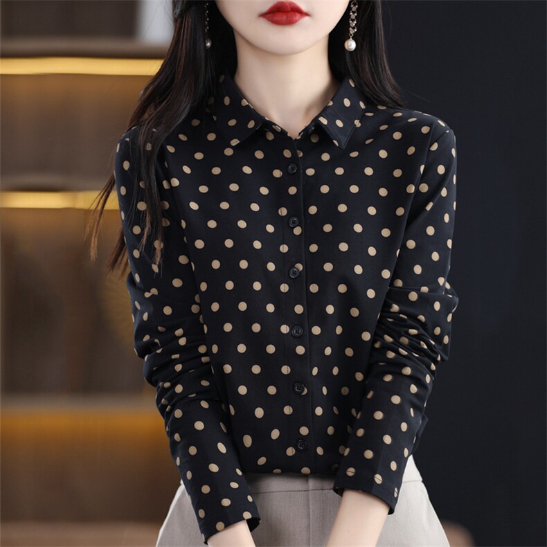印染标准波点运动风御姐蓝衬衫女士印花宫廷风西域风春秋显瘦气质,女装衬衫,臻维羊绒