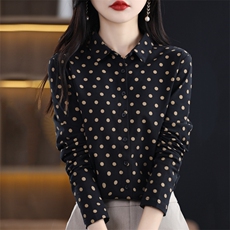 印染标准波点运动风御姐蓝衬衫女士印花宫廷风西域风春秋显瘦气质，女装衬衫，臻维羊绒