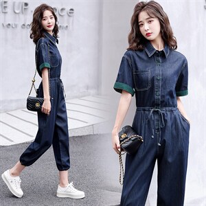 现货，薄款天丝牛仔连体裤女连衣裤夏装韩版休闲高级感复古工装裤，女装连体裤，E百度