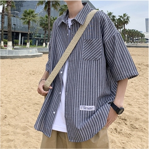 现货 夏季日系短袖衬衫ins条纹宽松韩版工装翻领外套 W3157-P30图片