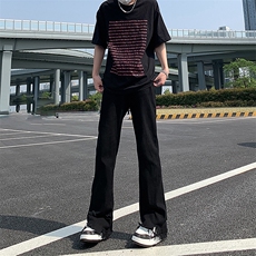 现货黄泥美式vibe裤高街黑色破洞微喇直筒毛边牛仔裤男K890-P55，男装牛仔裤，星座205