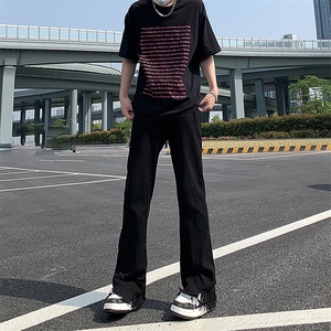 现货 黄泥美式vibe裤高街黑色破洞微喇直筒毛边牛仔裤男 K890-P55图片
