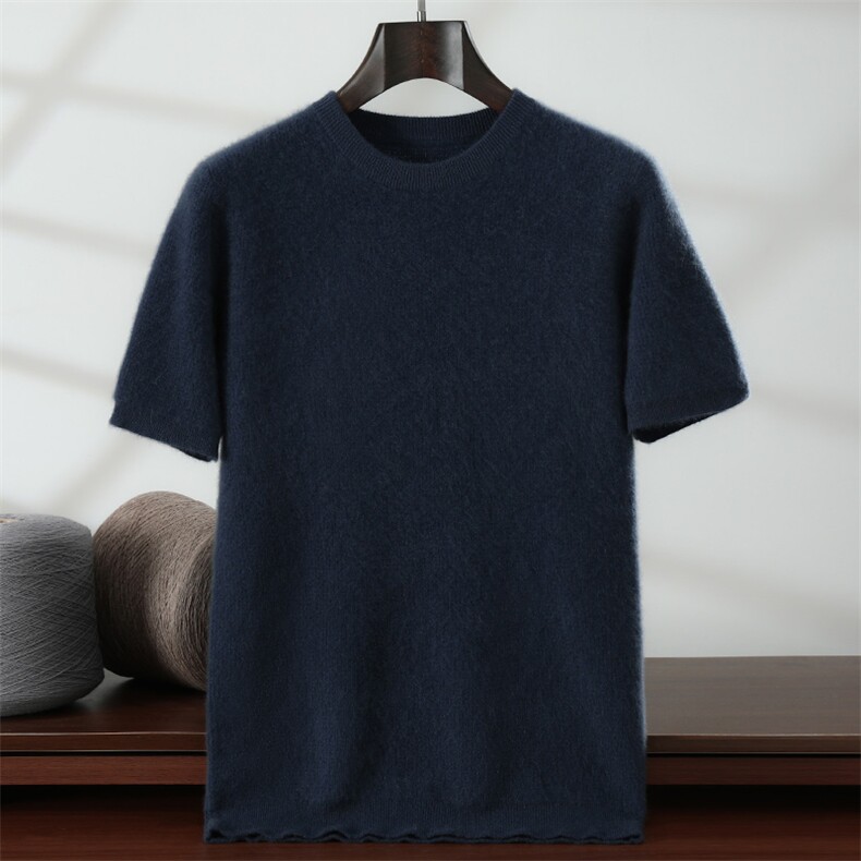 新款纯色圆领短袖时尚百搭，男装针织衫/毛衣，隆格羊绒