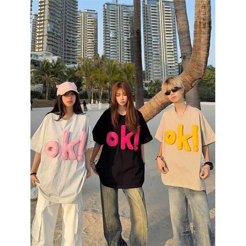 网图有货美式复古立体OK字母短袖T恤男女情侣宽松上衣A529-P38,男装T恤,星座1505