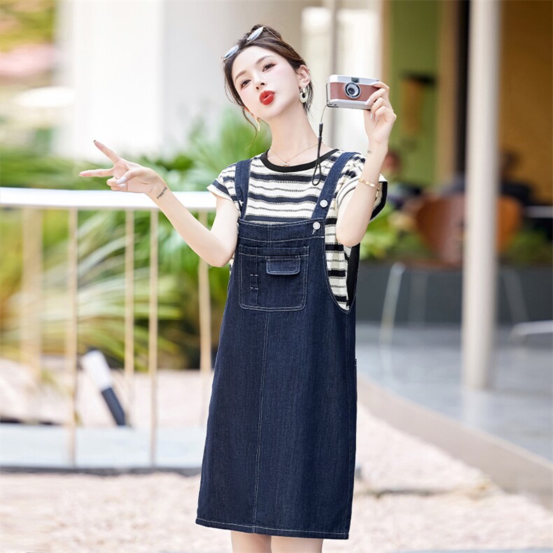 大货已出全棉条纹T恤+牛仔背带裤两件套套裙，女装套装/套裙，辰辰家