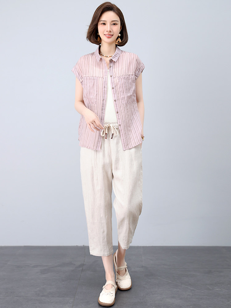 时尚套装女2025年新款夏装搭配一整套洋气减龄妈妈棉麻裤子两件套,女装套装/套裙,江忆布依
