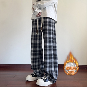 港风舒适加厚银狐绒直筒拖地格子休闲裤男K5653J加绒-特P35控68图片