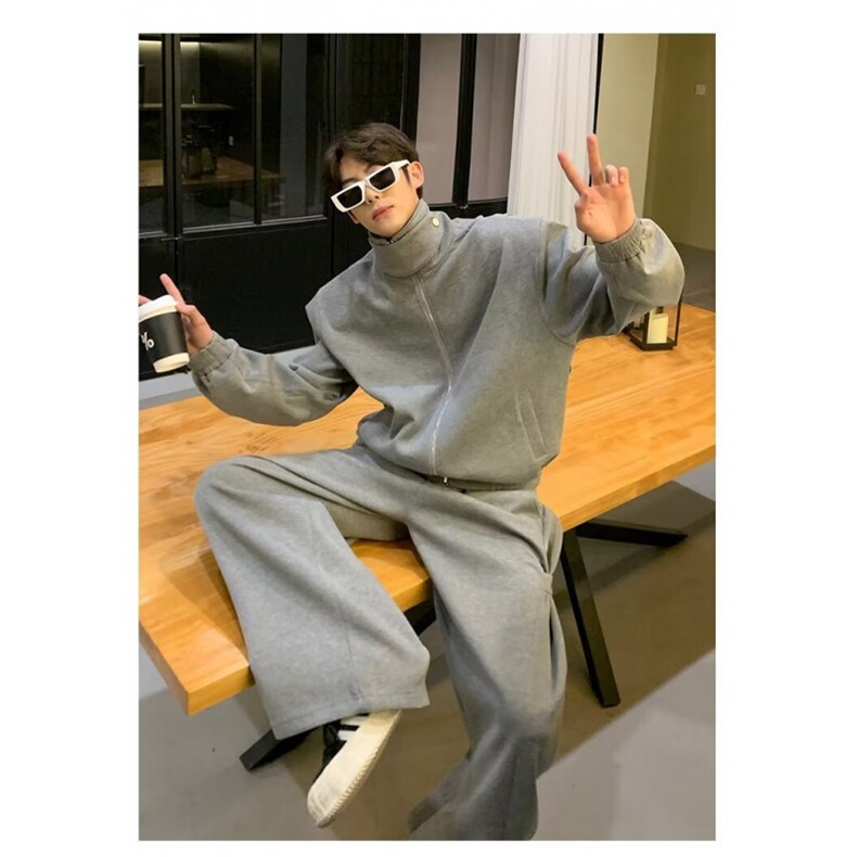 秋冬两件套立领纯色休闲运动卫衣套装男外套阔腿裤TZ1707P85，男装休闲套装，星座1013-5