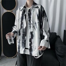潮牌复古水墨扎染印花长袖衬衫男港风韩版宽松潮衬衣外套C014-p35，男装衬衫，星座1008-1
