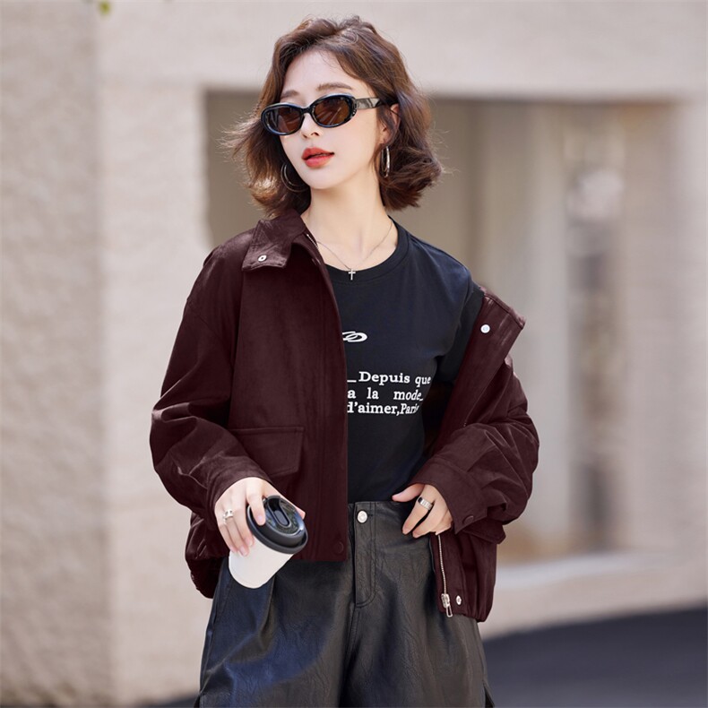 欧货气质麂皮绒短外套潮2025秋新款女小个子高级洋气宽松皮衣夹克,女装短外套,意芙